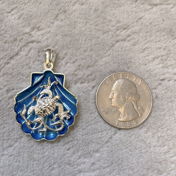 925 Sterling Silver Enameled Blue Shell Turtle Necklace Charm Pendant w Chain - Picture 9 of 9